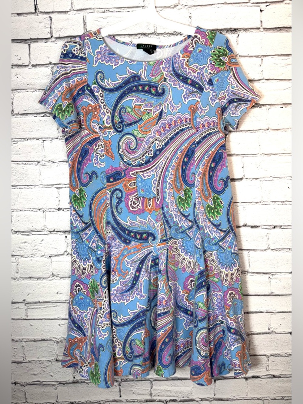 Women's LAUREN Ralph Lauren Fit & Flare Paisley Blue Pink Midi Dress size 2X